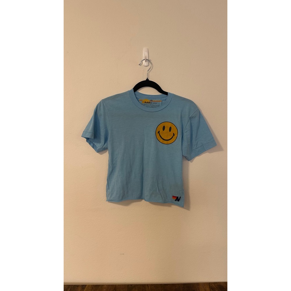Aviator Nation Womens XS Light Blue Smiley Face Raw Hem Crop Top Tee Shirt
